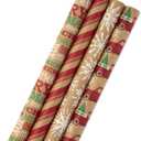 Hallmark Christmas Wrapping Paper Bundle with Cut Lines on Reverse, Kraft (Pack of 4, 88 sq. ft. ttl) Red Trucks, Snowflakes, Stripes, Merry Christmas (5JXW1038), 4 roll