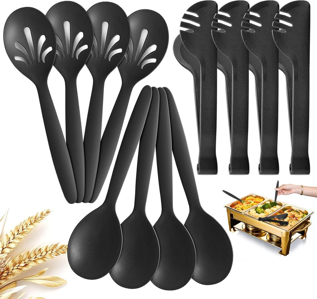 Reusable Plastic Serving Utensils Set of 12, Wheat straw Large Serving set 10" Serving Spoons/10" Slotted Spoons/9.4" Tongs, for Party Buffet Catering (Black, Not for Cooking)
