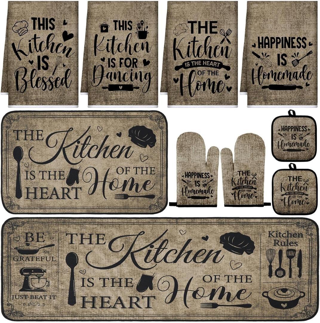 10 Pcs Farmhouse Kitchen Decor and Accessories Set 4 Kitchen Towels 2 Pot Holders 2 Oven Mitts 2 Rugs for Cooking Baking Mom Housewarming Gifts(Vintage Color,Classic Style)