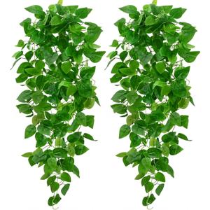 BLEUM CADE 2Pcs Fake Hanging Plants, 9 Branch Artificial Hanging Plant, Lush Faux Pothos Vines for Home Room Wall Shelf Porch Outdoor Indoor Decor (No Baskets)