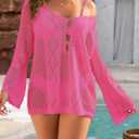 Womens Summer Crochet Swimsuit Coverup Sexy Crew Neck Long Sleeve Mesh Knit Bikini Cover Ups Beach Dresses 2026 (Pink, S)