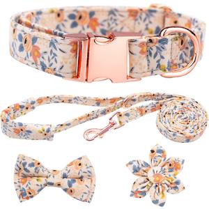 Dog Collar and Leash Set Girls Adjustable Puppy Collars with Floral Bow Tie for Small Medium Large Female Dogs, Orange Flower, Small