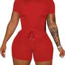 HBQ Women 2 Piece Outfits Summer Sweatsuits Track Suits Crop Tops Biker Short Workout Jogger Sets Red L