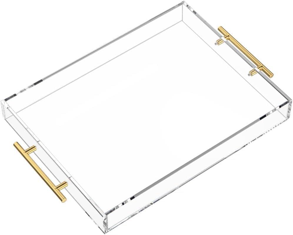 Clear Serving Acrylic Tray-(16x12x2 inches) with Gold Handles-Spill Prevention-Sturdy Decorative-Without Leaking Tray, Kitchen, Bathroom, Living Room-Decorative Tray, xinyishiji05