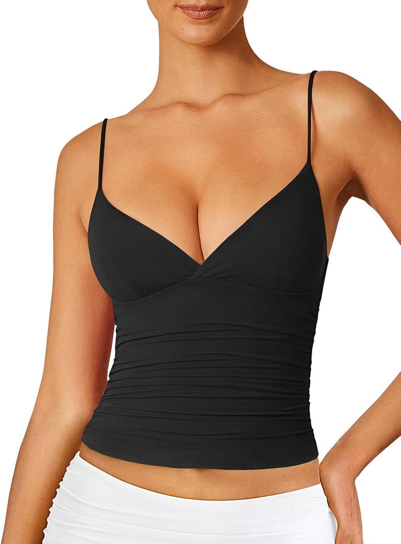 Women's Sexy Deep V Neck Wrap Ruched Side Spaghetti Straps Sleeveless Slim Fit Crop Top (Pink, M)