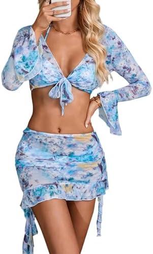 BEAUDRM Women's 4 Piece Allover Print Bikini Halter Neck Triangle Set High Cut Bikini Swimsuit Bathing Suit, Large