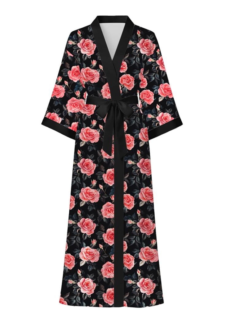 Artfasion Women Silky Floral Robes: Long Satin Bathrobes Sleepwear Loungewear, size Medium, with 2 pairs of socks one for adult and one for kids