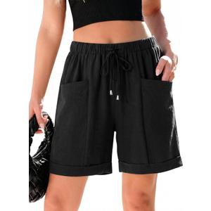 SHEWIN Womens Shorts Lightweight Bermuda Shorts for Women Casual 5 Inch Inseam Summer Linen Shorts with Pockets (Black, M)