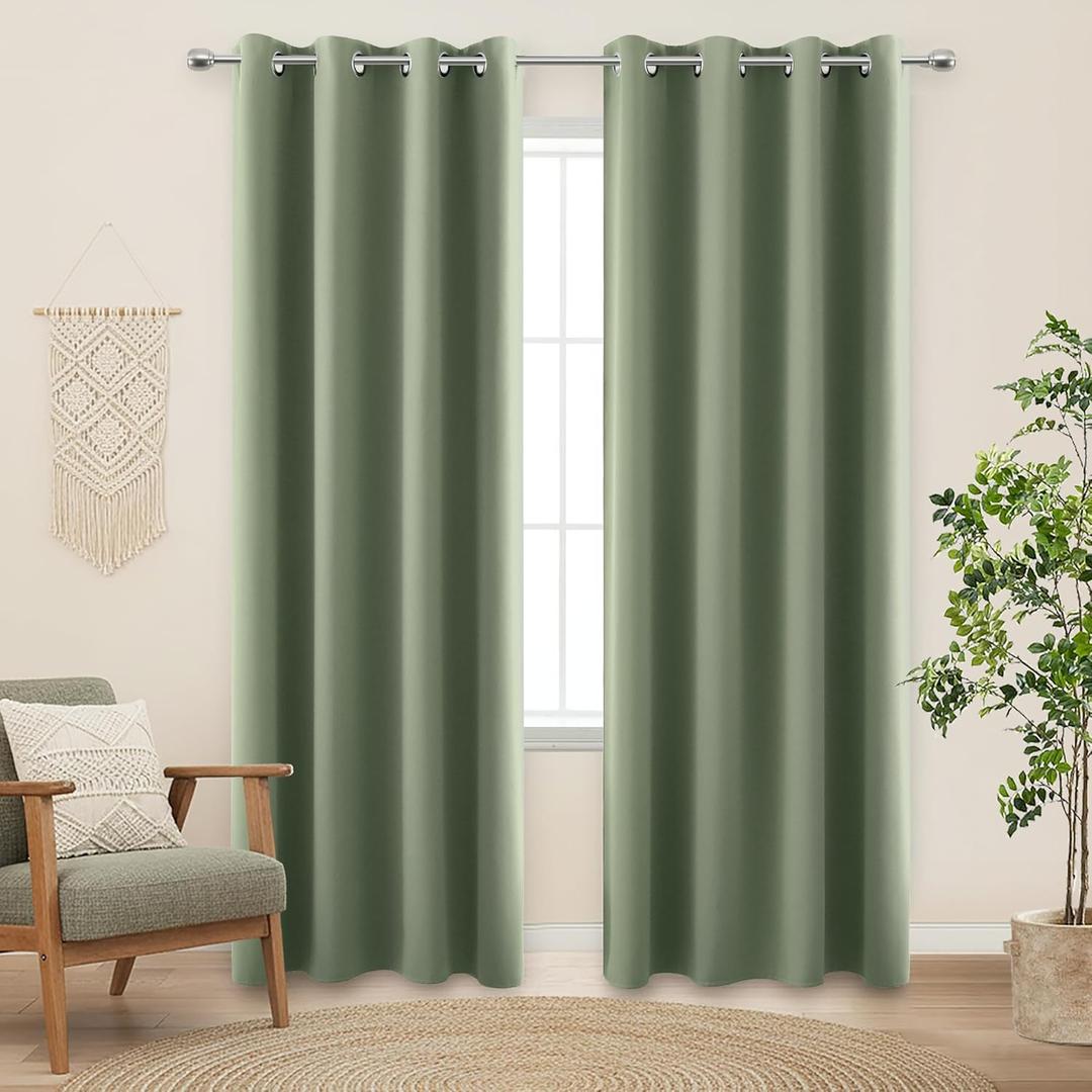 KOUFALL Energy Saving Efficient Smart Curtains for Sliding Glass Door,Blackout Boho Window Curtains for Living Room Decor,Sage Green,86 Inches Long (52"W x 86"L (Pack of 2))