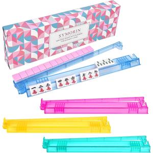Non-Slip Mahjong Racks with Pushers, 4-Pack Clear Acrylic Racks, American Mahjong Accessories, Gift-Ready Mahjong Gifts (4-Color)