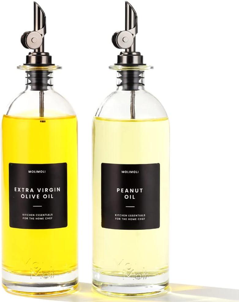 Molimoli Oil and Vinegar Dispenser with Metal Pour Spout, Weighted Pourer, Glass Bottle Dispenser for Kitchen, Olive Oil Cruet, Glass Olive Oil Bottle | 500ml, Set of 2 (Black)