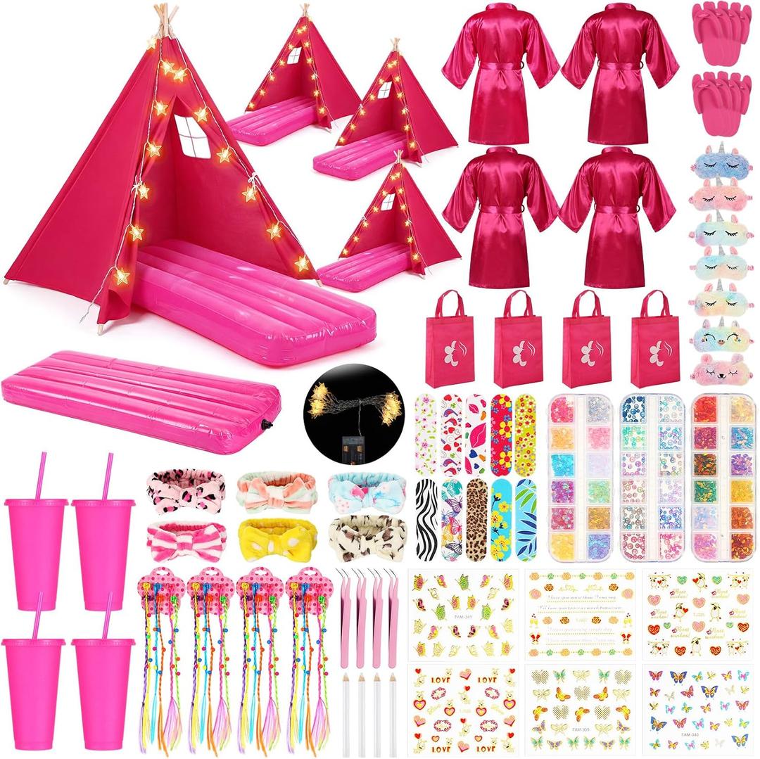 Slumber Party Teepee Tents Bulk, Complete, 3 Pink 1 Rose Red, 4 Set
Complete Spa Kit with Robes, Inflatable Airbeds, Lights, Bags, Cups, Birthday Favors for Girls Indoor Outdoor Sleepover Fun