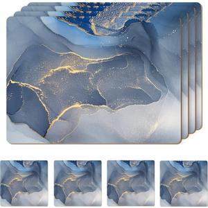 Set of 4 Heat Resistant Cork Placemats for Dining Table with Free Set of 4 Matching Drink Coasters Marble Design 16 x 12 Inches Cork Backed Hard Placemats (Blue & Gold)