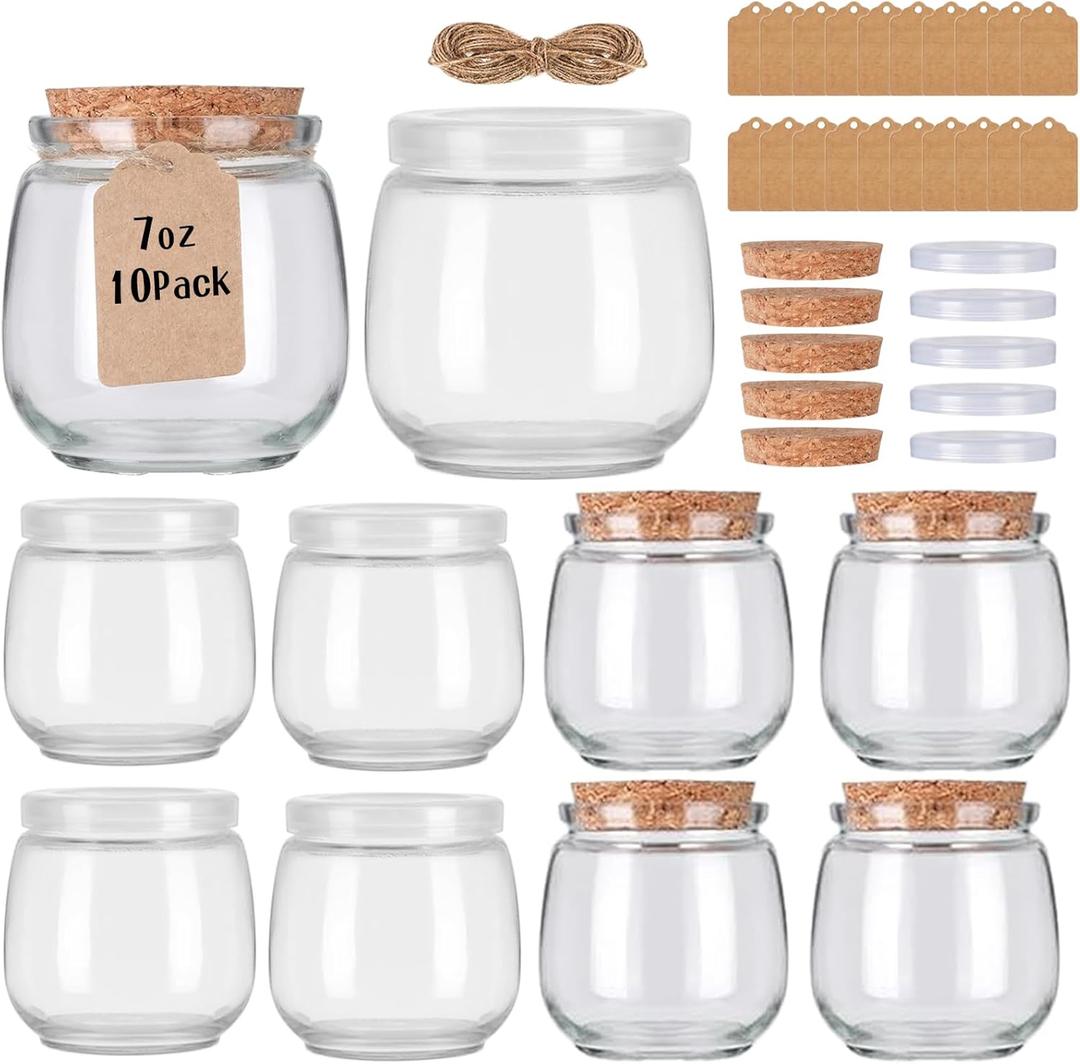 10 Pack 7 oz Glass Yogurt Jars with Cork Lids and PE Lids, Glass Pudding Jars Candles Jars, Small Containers for Wedding Favors, Milk, Jam, Honey, Cake, Spices and DIY Gift