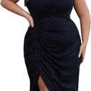 Women's Plus Size Sequin Glitter Dress One Sparkly Shoulder Ruched Wrap Cocktail Party Black Slit Dress (XX-Large Plus)