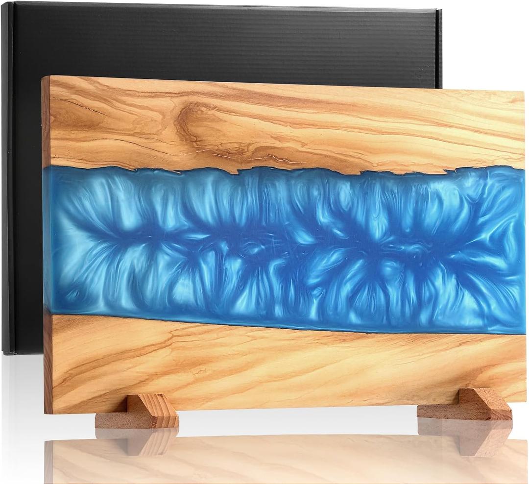 Annie & Mia Design Blue Epoxy Resin Magnetic Knife Holder Block Made of Premium Olive Wood without Knives Decorative Kitchen Knife Block Resin River Design, Wooden Knife Block Strong Magnets