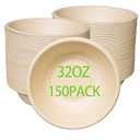 emlifepak 32oz Disposable Salad Bowls 150Pack, Big Paper Bowls, Large, Heavy-Duty, Eco-Friendly, Bulk Pack, Compostable Bowls, Biodegradable Made of Sugar Cane Fibers,Perfect For Salad