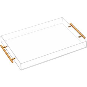 Clear Acrylic Tray with Metal Handle,No Need to Assemble-for Ottoman,Coffee Table, Breakfast, Tea, Food, Butler - Decorative Tray (12x18 Inch, Clear)