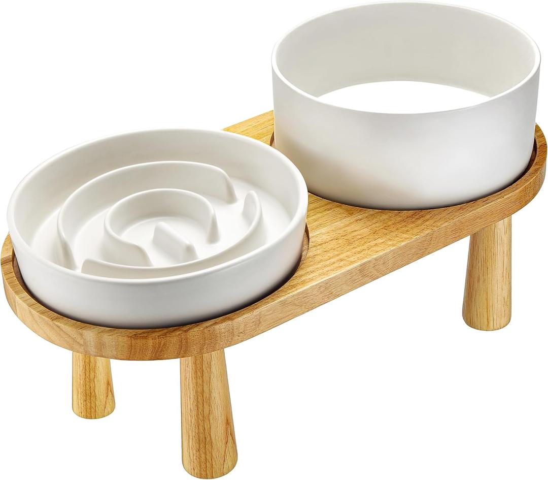 Ceramic Slow Feeder and Water Bowl Set for Medium and Large Dogs, 8.0 Inches Ceramic Dog Bowls Elevated with Wooden Stand, 2.0 Cups Dog Slow Feeder(30oz) and 70oz Water Bowl Set, White