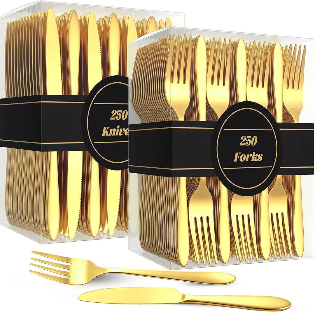 Nuenen 500 Pcs Forks and Knives Bulk Set Stainless Steel Silverware 250 Dinner Fork 250 Steak Knives Metal Flatware Tableware Cutlery Set for Home Restaurant, Mirror Polished, Dishwasher Safe (Gold)