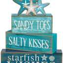 Yuntau 4 Pcs Summer Table Decorations Beach Tiered Tray Decor Starfish Coastal Rustic Wooden Block Sign Stacked Book Nautical Table Centerpiece for Farmhouse Home Living Room Office Desk Shelf Mantel