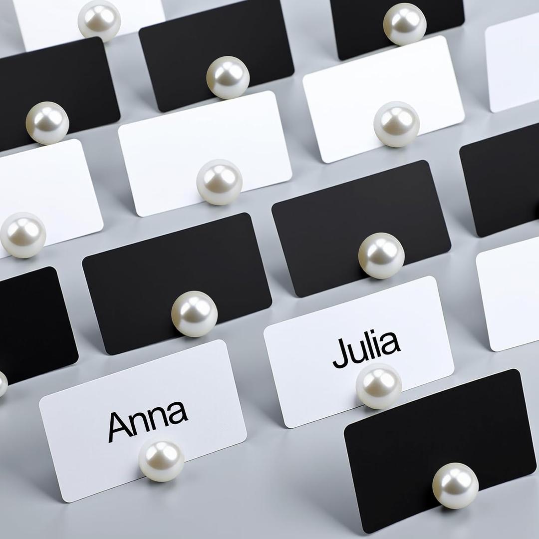Leinuosen Decorative Pearl Place Card Stands and Cards Set, 48 Pcs Elegant Pearl Stands and 96 Pcs Black and White Card for Wedding, Table Place, Food Labels Business, Dessert Table Decor
