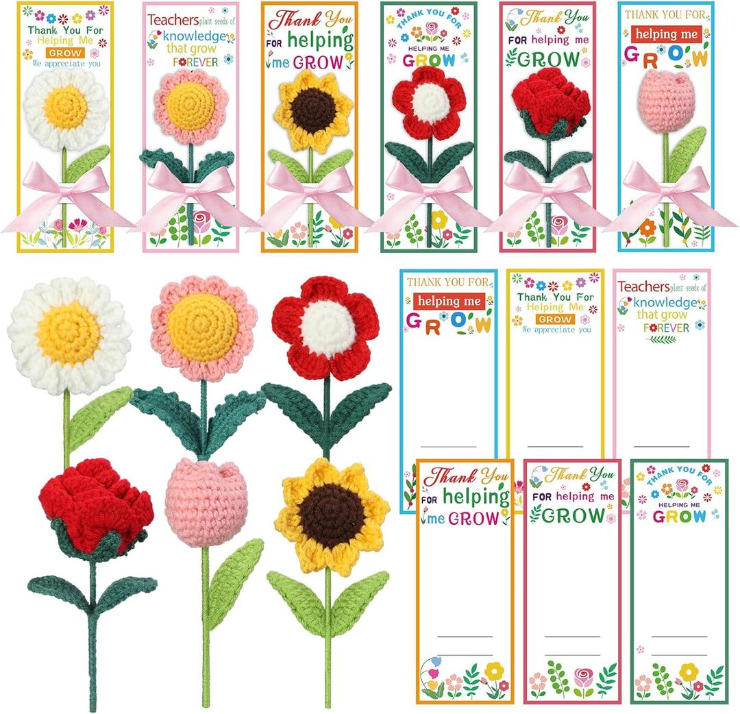 12 Set Teacher Appreciation Gifts for Women Thank You for Helping Me Grow Crochet Flower Teacher Party Favors Thank You Card Handmade Knitted Flowers Bouquet Graduation Gift