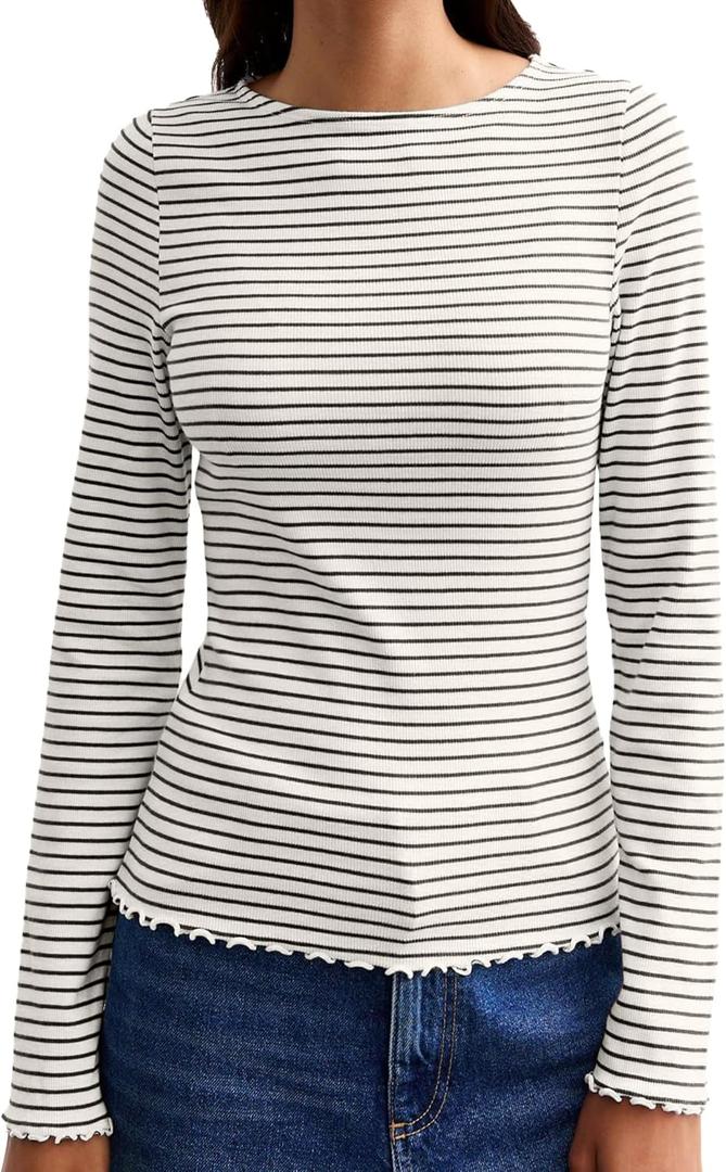 LilyCoco Womens Striped Shirt Ribbed Long Sleeve Crewneck Basic T Shirts White, Large