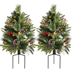 Pre-Lit Pathway Christmas Tree(2 Pack), Artificial Christmas Urn Filler with LED Lights, Golden & Red Berries, Pine Cones, Outdoor Light Up Planter Filler Holiday Home Decor