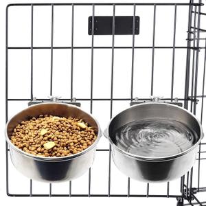 Hamiledyi 2 Pcs Dog Crate Bowl Stainless Steel Puppy Bowls Sturdy Spill-Proof Pet Water Bowl Hanging Water/Food Metal Bowls for Puppy Medium-Sized Dogs Cats (7'' x 2.6'')