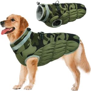 Lelepet Dog Coat Warm Dog Winter Coat Waterproof Dogs Jacket with Harness Built in Reflective Pet Fleece Vest Zip-Up Cold Weather Coats for Large Dogs Turtleneck & Windproof Coats Boxer Green Camo XL