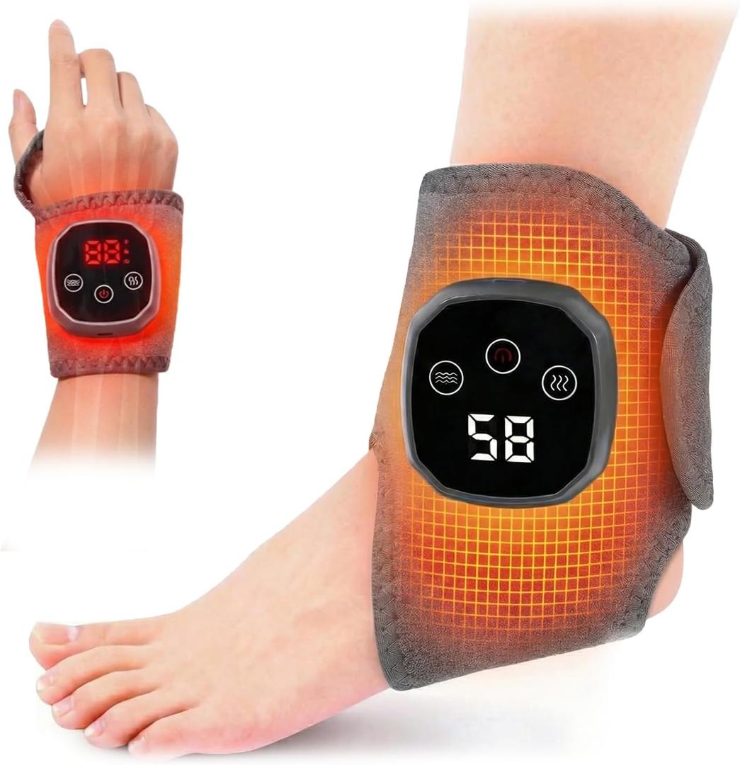 Cordless Foot Massager with Heat, Adjustable Heated Ankle Wrap, 4 High Heat Levels, 3 Strong Vibration Modes, Long Battery Life, Quiet Wireless Heating Pad for Pain Relief, Plantar Fasciitis, Gray