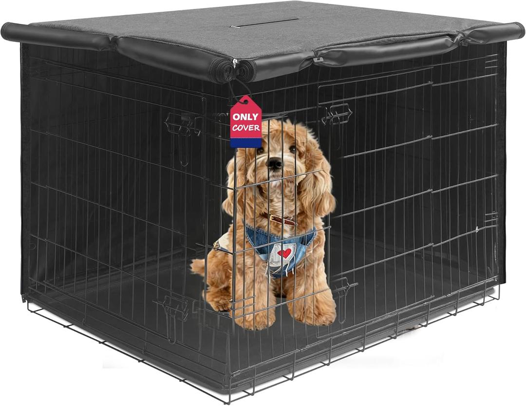 36 inches Dog Crate Cover with Card Pocket, Heavy Duty Polyester Windproof Pet Kennel Universal Fit for 1 or 2 Doors Standard Wire (Grey),