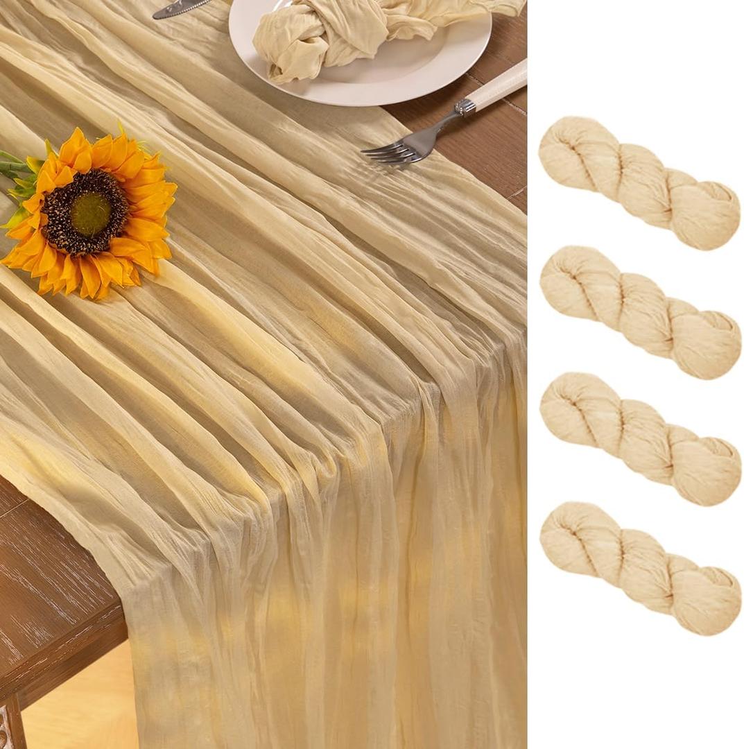 Champagne Gold Cheesecloth Table Runner 4 Pack Summer Sheer Cheese Cloth Table Runners Boho Gauze 120 Inches Summer Table Decorations for Champagne Bridal Shower Wedding Baby Shower Parties