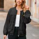 Glamaker Womens Denim Bomber Jacket Trendy Casual Zip Up Crew Neck Long Sleeve Loose Fit Jean Jacket Fall Outfits (Black, M)