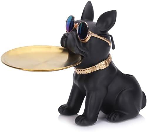Resin Black Bulldog Tray Statue, Modern Entrance Multi-Purpose Holder for Keys, Candy, Jewelry, Earrings and Perfume- Perfect for Home Decor , Modern Art, Dining Table, Office Desk Decor (Black)