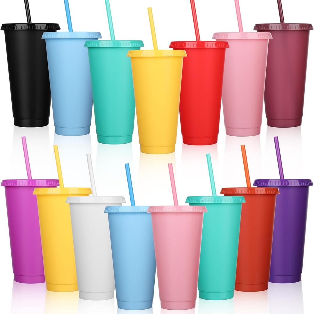 Honeydak 15 Pack Tumbler with Straw and Lid Bulk Cups for Gifts Water Bottle Iced Coffee Travel Mug Cup Reusable Plastic Tumblers for Party Birthdays 24-27 oz (Solid Color)