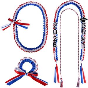 4pcs 2026 Graduation Accessory Set, Class of 2026 Grad Ribbon Lei Necklace & Honor Cord & Braided Wristband for High School College Grad Party Ceremony Photo Props Gift (Red, Blue, White)