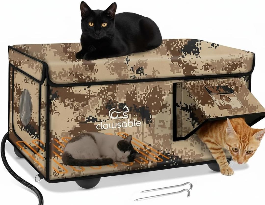Indestructible Heated Cat House for Outside Cats Winter, 100% Weatherproof, Safe Escape Door, Insulated Outdoor Cat Shelter with Heater for Feral Barn Cat Kitty (Desert Camouflage, 26"x17"x14")