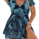 Blooming Jelly Women's Plus Size Bathing Suit One Piece Swim Dress Tummy Control Swimsuits Ruffle V Neck Swimwear (X-Large, Blue Green Leaves)