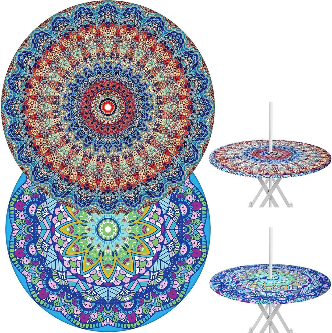 DoubleFill 2 Pcs Round Outdoor Tablecloth with Umbrella Hole - Anti-Wrinkle Polyester Tablecloth with Elastic Zipper Table Cover for Summer Patio Camping Party(36''-44'',Mandala)