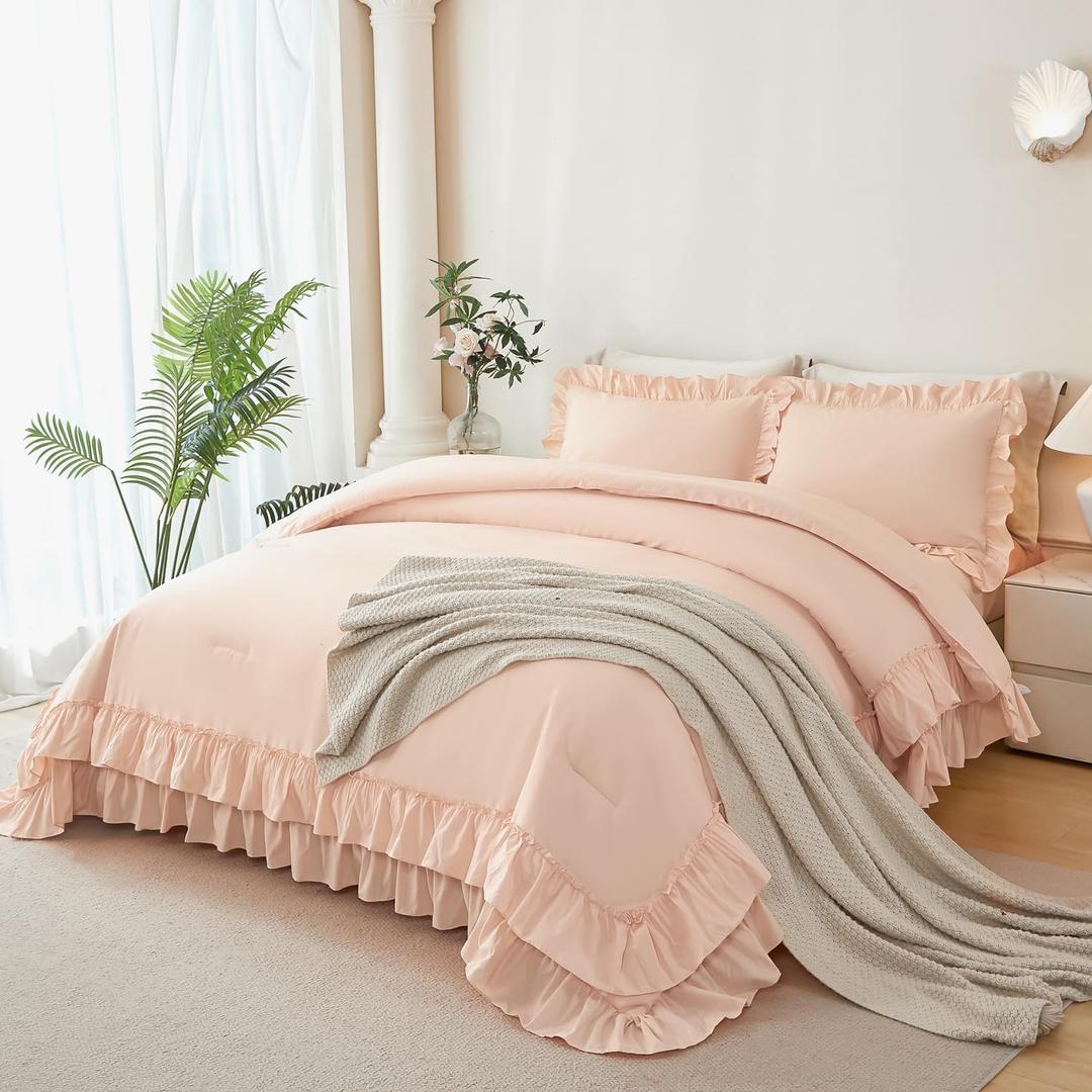 ANGIYUIN Pink Queen Size Comforter Set 5 Pieces Ruffled Bed in A Bag | Soft Farmhouse Fluffy Bedding Sets with Sheets Maicrofiber Shabby Bed Set for Girls Women(Pink Queen)