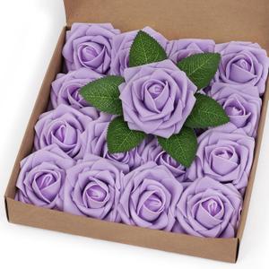 BLEUM CADE 16Pcs Artificial Flowers Fake Roses with Stems, Purple Boxed Foam Roses for DIY Bouquets Centerpieces Wedding Party Arrangement Bridal Shower Decor