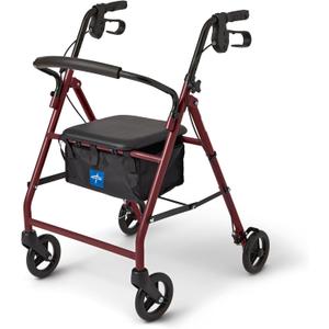 Medline Steel Rollator Walker with Seat, Burgundy, 350 lb. Weight Capacity, 6” Wheels, Foldable, Adjustable Handles, Rolling Walker for Seniors, Walker for Mobility Impaired