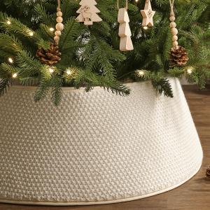 Knitted Christmas Tree Collar: Cream White Linen Knit Full-Cover Crochet Tree Ring, Rustic Size Adjustable Thick Chunky Christmas Tree Base Cover for Artificial Trees Xmas Holiday Home Decor Gifts