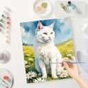 Animal Paint by Numbers Kit for Adults - DIY White Cat in Daisy Meadow Painting on Canvas 16x20 Inches, Acrylic Paint Set, Suitable for Beginners, Art for Home Decoration or Gifts