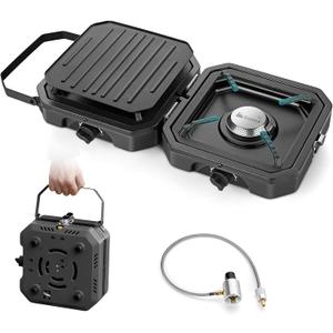 Gonex 2 Burner Propane Camping Stove with Griddle & Grates, Portable Foldable Cooking Stove with Total 16,000 BTU, Two Piezo Ignition Adjustable Burners for Camping, Patio, Emergency, Hiking (Black)