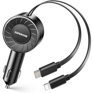 4-in-1 Fast Charge Retractable Car Charger for iPhone and Android, SUPERONE Car Phone Charger Adapter with PD 60W Retractable Type C & Lightning Cords Compatible with iPhone 15/14/13/12/11 Pro Max