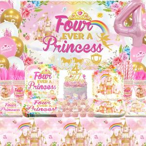 Four Ever a Princess Birthday Decorations , Includes Backdrop, Plates,Napkins, Cake Toppers, Balloons, Tablecloths, for 4th Girl Birthday Party Supplies , Serve 20