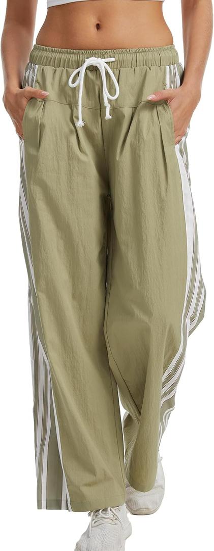 Side Striped Pant Cotton Pants for Women Casual Y2K Palazzo Wide Leg Track Pants Drawstring (L)
